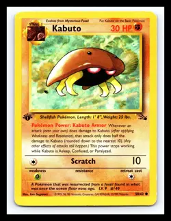 💥 Kabuto 1st Edition Stamp Fossil Rare Non Holo Pokemon 1999 Vintage # 50/62 - Image 1