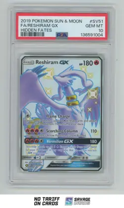 2019 Pokemon Sun & Moon Hidden Fates Full Art Reshiram GX PSA 10 #SV51/SV94 - Image 1