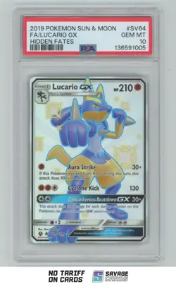 2019 Pokemon Sun & Moon Hidden Fates Full Art Lucario GX PSA 10 #SV64/SV94 - Image 1