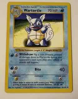 Wartortle Base Set Uncommon Card 42/102 Shadowless Vintage Pokemon TCG Card LP - Image 1