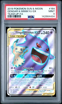 2019 POKEMON SUN & MOON TEAM UP #164 FULL ART/GENGAR & MIMIKYU GX PSA 9 - Image 1