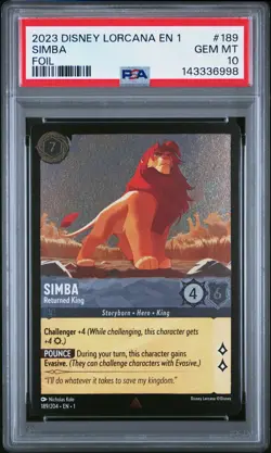 2023 DISNEY LORCANA EN 1-THE FIRST CHAPTER FOIL SIMBA RETURNED KING PSA 10 - Image 1