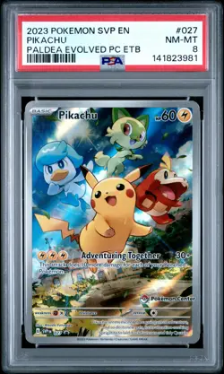 2023 POKEMON PALDEA EVOLVED POKEMON CENTER ETB PROMO #027 PIKACHU PSA 8 - Image 1