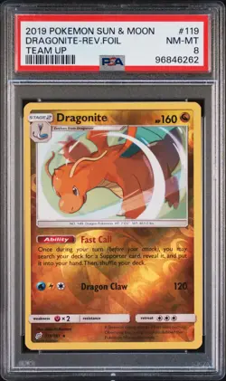 2019 POKEMON SUN & MOON TEAM UP #119 DRAGONITE-REVERSE FOIL PSA 8 - Image 1