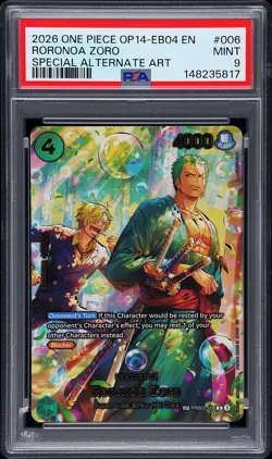 2026 ONE PIECE THE AZURE SEA'S SEVEN SPECIAL ALT ART #006 RORONOA ZORO PSA 9 - Image 1