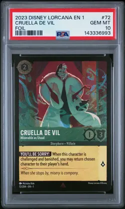 2023 DISNEY LORCANA FIRST CHAPTER FOIL CRUELLA DE VIL MISERABLE AS USUAL PSA 10 - Image 1