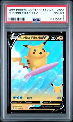 2021 POKEMON CELEBRATIONS #008 SURFING PIKACHU V PSA 8 - Image 1