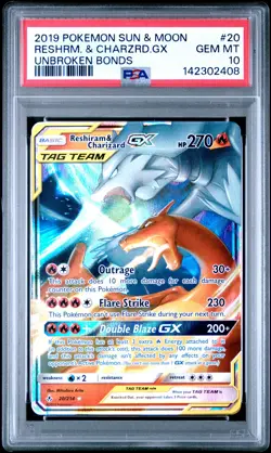 2019 POKEMON SUN & MOON UNBROKEN BONDS #20 RESHIRAM & CHARIZARD GX PSA 10 - Image 1