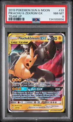 2019 POKEMON SUN & MOON TEAM UP #33 PIKACHU & ZEKROM GX PSA 8 - Image 1