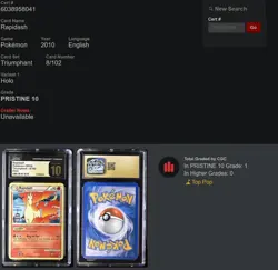 Rapidash 8/102 CGC Pristine 10 Triumphant Holo Rare SWIRL POP 1 Pokemon Card - Image 3