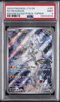 2025 POKEMON JTG ENHANCED BOOSTER BOX TOPPER #167 N'S RESHIRAM PSA 9 - Image 1
