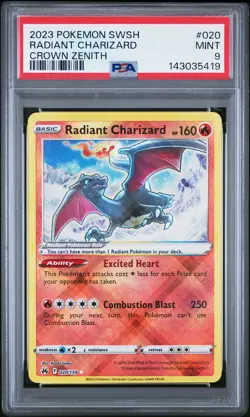 2023 POKEMON SWORD & SHIELD CROWN ZENITH #020 RADIANT CHARIZARD PSA 9 - Image 1