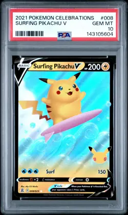 2021 POKEMON CELEBRATIONS #008 SURFING PIKACHU V PSA 10 - Image 1