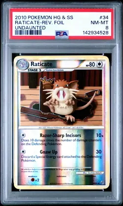 2010 POKEMON HEARTGOLD & SOULSILVER UNDAUNTED #34 RATICATE-REVERSE FOIL PSA 8 - Image 1