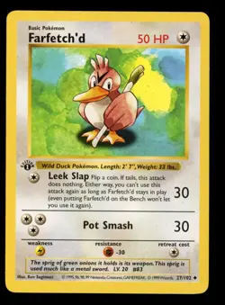 1999 WOTC POKEMON BASE SET SHADOWLESS 1ST EDITION FARFETCH'D 27/102 UNCOMMON B - Image 1