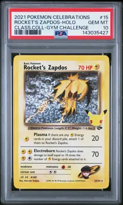 2021 POKEMON CELEBRATIONS CLASSIC COLLECTION #15 ROCKET'S ZAPDOS-HOLO PSA 10 - Image 1