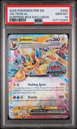 2025 POKEMON PRISMATIC EVOLUTIONS SURPRISE BOX EXCLUSIVE #030 JOLTEON EX PSA 10 - Image 1