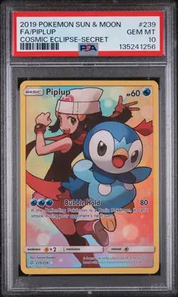2019 POKEMON SUN & MOON COSMIC ECLIPSE SECRET #239 FULL ART/PIPLUP PSA 10 - Image 1