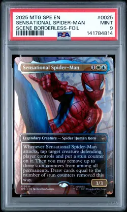 2025 MTG SPIDER-MAN ETERNAL BORDERLESS-FOIL SENSATIONAL SPIDER-MAN PSA 9 - Image 1