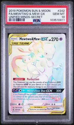2019 POKEMON SUN & MOON UNIFIED MINDS SECRET FULL ART/MEWTWO & MEW GX PSA 10 - Image 1