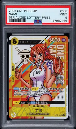 2025 ONE PIECE JPN PROMOS SERIALIZED LOTTERY PRIZE #106 NAMI 1091/1200 PSA 9 - Image 1