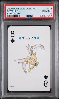 2000 POKEMON GOLD VERSION PLAYING CARDS 8 OF CLUBS #123 SCYTHER PSA 10 - Image 1