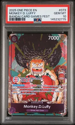 2025 ONE PIECE PROMOS BANDAI CARD GAMES FEST #073 MONKEY D. LUFFY PSA 10 - Image 1