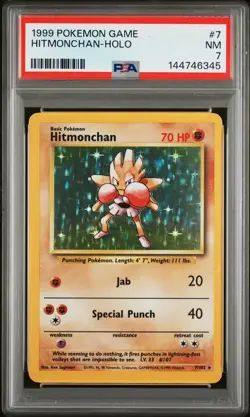 1999 POKEMON BASE SET UNLIMITED #7 HITMONCHAN-HOLO PSA 7 - Image 1
