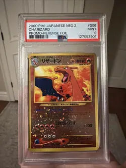 2000 POKEMON JPN NEO 2 PROMO REVERSE FOIL #006 CHARIZARD PSA 9 MINT double swirl - Image 3