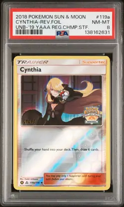 2018 POKEMON SUN & MOON ULTRA PRISM #119A CYNTHIA-REVERSE FOIL PSA 8 - Image 1