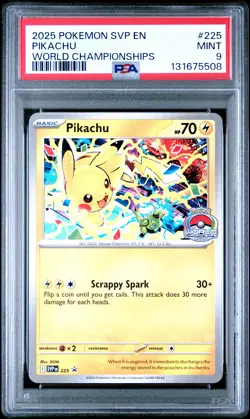 2025 POKEMON SVP EN-SV BLACK STAR PROMO WORLD CHAMPIONSHIPS #225 PIKACHU PSA 9 - Image 1