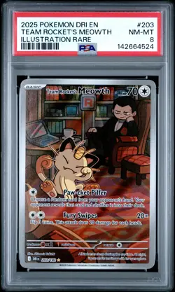 2025 POKEMON DRI EN-DESTINED RIVALS ILLUSTRATION RARE TEAM ROCKET'S MEOWTH PSA 8 - Image 1