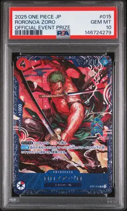 2025 ONE PIECE JAPANESE PROMOS OFFICIAL EVENT PRIZE #015 RORONOA ZORO PSA 10 - Image 1