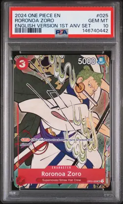 2024 ONE PIECE ENGLISH VERSION 1ST ANNIVERSARY SET #025 RORONOA ZORO PSA 10 - Image 1