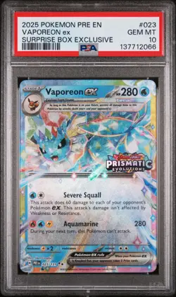 2025 POKEMON PRISMATIC EVOLUTIONS SURPRISE BOX EXCLUSIVE #023 VAPOREON EX PSA 10 - Image 1