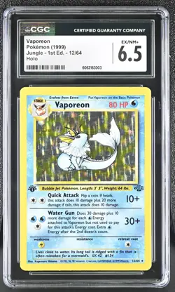 1999 WOTC POKEMON JUNGLE 1ST EDITION VAPOREON #12/64 RARE HOLO FOIL CGC 6.5 - Image 1