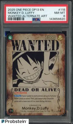 2025 One Piece OP13 EN Wanted Alternate Art #118 Monkey D. Luffy PSA 8 NM-MT - Image 1