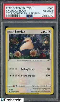 2020 Pokemon SWSH #140 Snorlax-HOLO 2021 Cosmos EN.2PK.Blis PSA 10 - Image 1