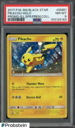 2017 Pokemon SM Black Star #SM81 Pikachu HOLO PROMO-SL.SPR.Prem.Coll. PSA 8 - Image 1