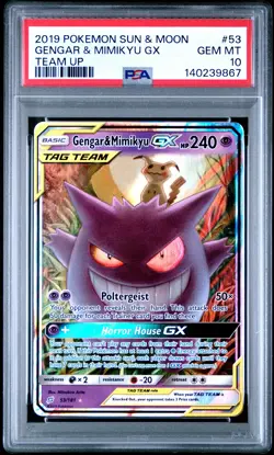 2019 POKEMON SUN & MOON TEAM UP #53 GENGAR & MIMIKYU GX PSA 10 - Image 1