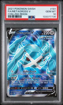 2021 POKEMON SWORD & SHIELD CHILLING REIGN #181 FULL ART/METAGROSS V PSA 10 - Image 1