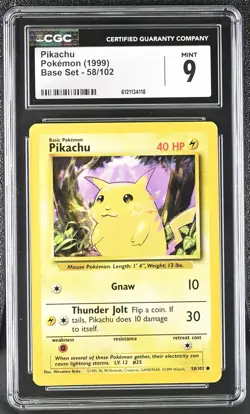 CGC 9 MINT Pikachu 1999 Base Set 58/102 Pokemon Card - Image 1