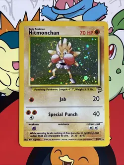 Pokemon TCG Hitmonchan Base Set 2 Holo Unlimited Rare Card 8/130 Swirl! LP - Image 1