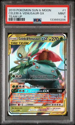 2019 POKEMON SUN & MOON TEAM UP #1 CELEBI & VENUSAUR GX PSA 9 - Image 1