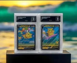 Pokemon Flying & Surfing Pikachu V Celebrations GMA 10 Gem Mint SET - Image 1