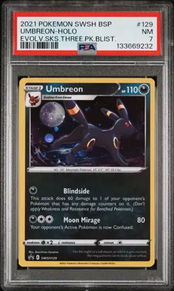 2021 POKEMON SWSH EVOLVING SKIES THREE PACK BLISTERS #129 UMBREON-HOLO PSA 7 - Image 1