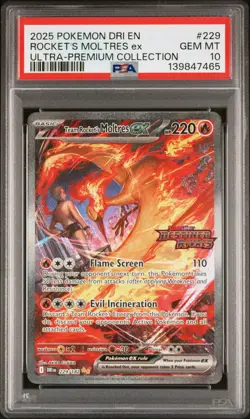 PSA 10 Rocket's Moltres ex 229 Stamped UPC Alt Art Promo Pokemon Destined Rivals - Image 1