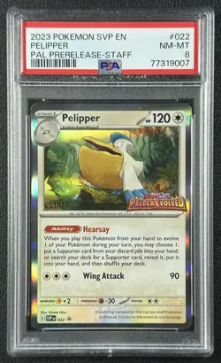 PELIPPER PSA 8 2023 POKEMON SV BLACK STAR PROMOS SVP EN 022 PAL PRERELEASE STAFF - Image 1