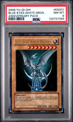 PSA 8 Blue Eyes White Dragom YAP1-EN001 Yugioh Ultra Rare Anniversary Pack 2008 - Image 1