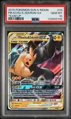2019 POKEMON SUN & MOON TEAM UP #33 PIKACHU & ZEKROM GX PSA 10 - Image 1
